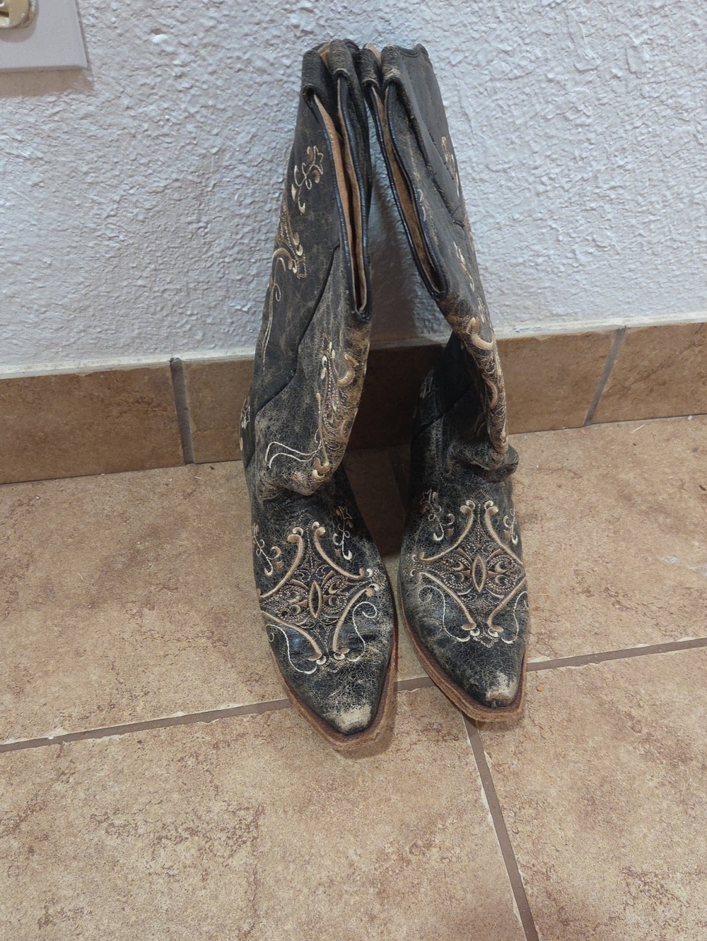 Circle G Black and Cream Lace-Up Embroidered Pointed-Toe Boots